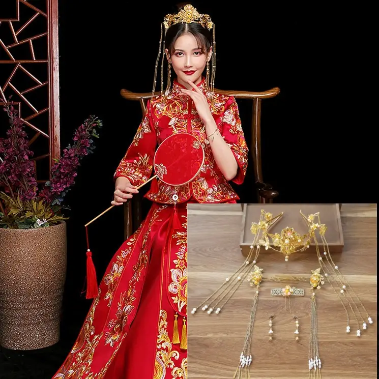 Chinese Bridal Hair Accessories Xiuhe Dragon Phoenix Gown Set - Image 7
