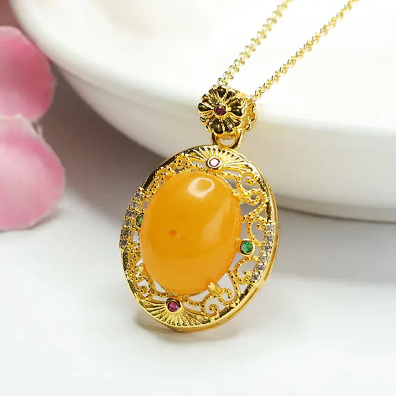 Guan Yu Amber Pendant Necklace Vintage Gold - Image 3