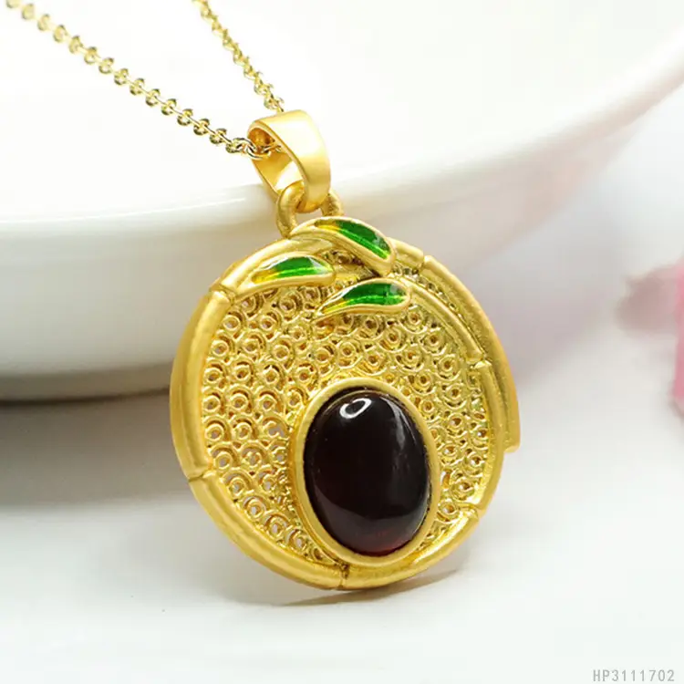 Guan Yu Natural Amber Pendant Blood Amber Bamboo Leaf Round Pendant Necklace - Image 3