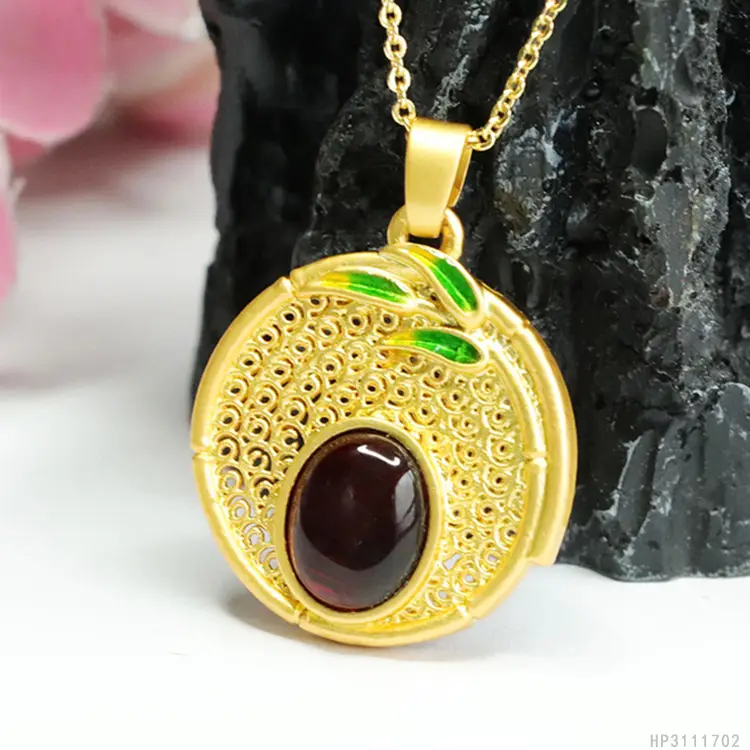 Guan Yu Natural Amber Pendant Blood Amber Bamboo Leaf Round Pendant Necklace - Image 4