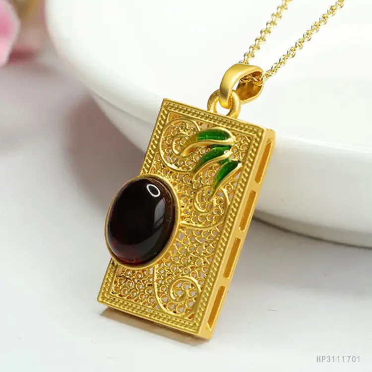 Guan Yu Bamboo Leaf Amber Pendant Necklace Gold - Image 4