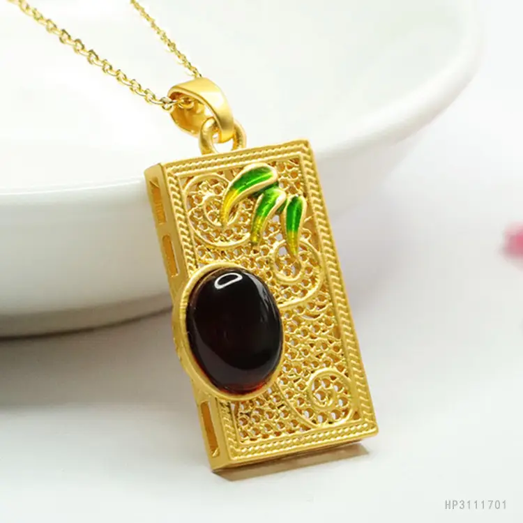 Guan Yu Bamboo Leaf Amber Pendant Necklace Gold - Image 5