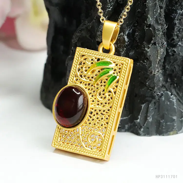 Guan Yu Bamboo Leaf Amber Pendant Necklace Gold - Image 6
