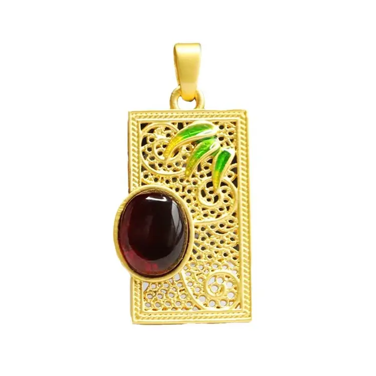 Guan Yu Bamboo Leaf Amber Pendant Necklace Gold - Image 7