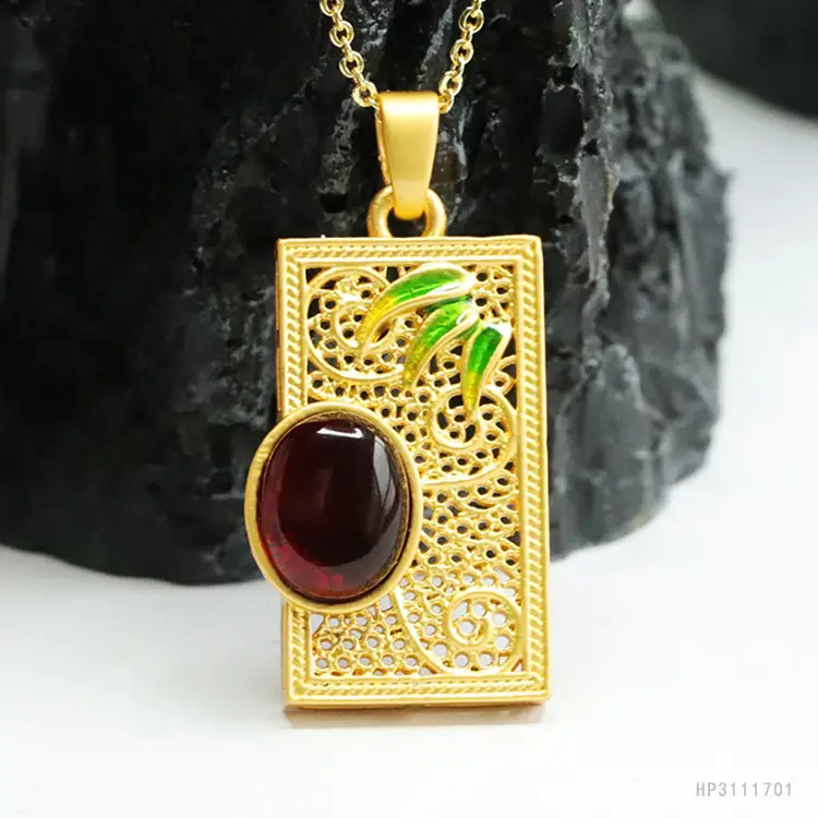 Guan Yu Bamboo Leaf Amber Pendant Necklace Gold - Image 2
