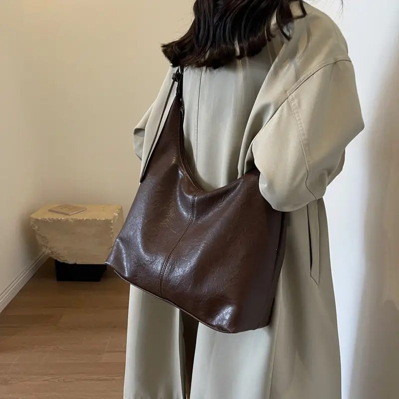 Retro Brown Leather Shoulder Tote Bag 2023 - Image 8