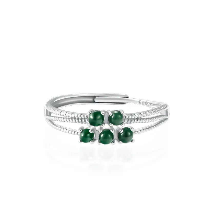 Natural Jade Ink Five Beads Ring S925 Silver Set - Image 3