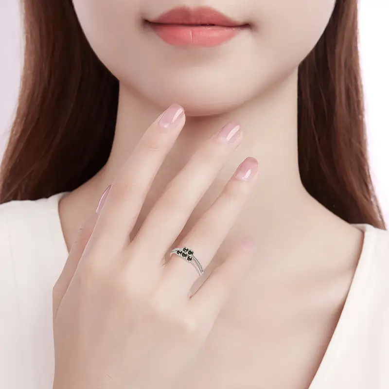 Natural Jade Ink Five Beads Ring S925 Silver Set - Image 5
