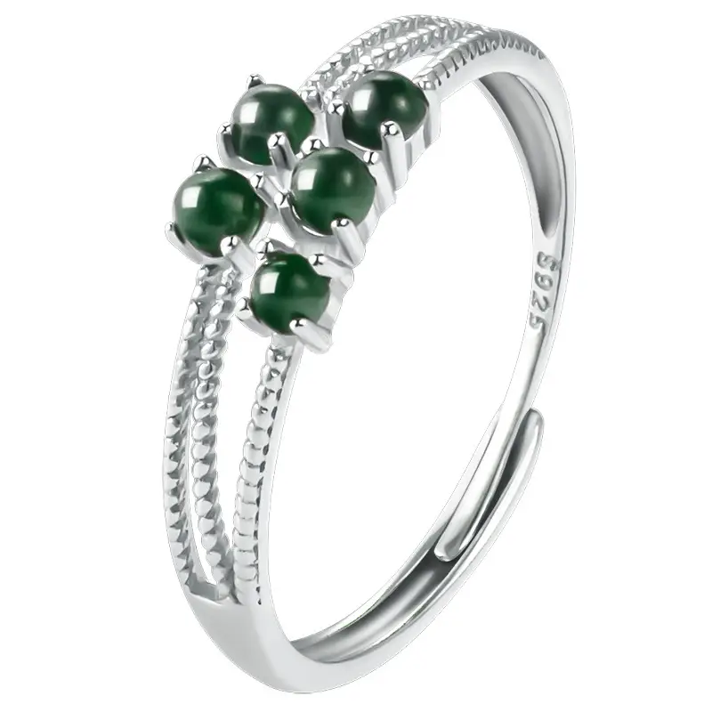 Natural Jade Ink Five Beads Ring S925 Silver Set - Image 6