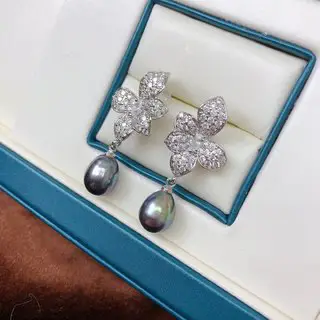 Vintage Drop Pearl Earrings with Full Diamond Inlays