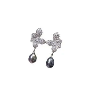 Vintage Drop Pearl Earrings with Full Diamond Inlays