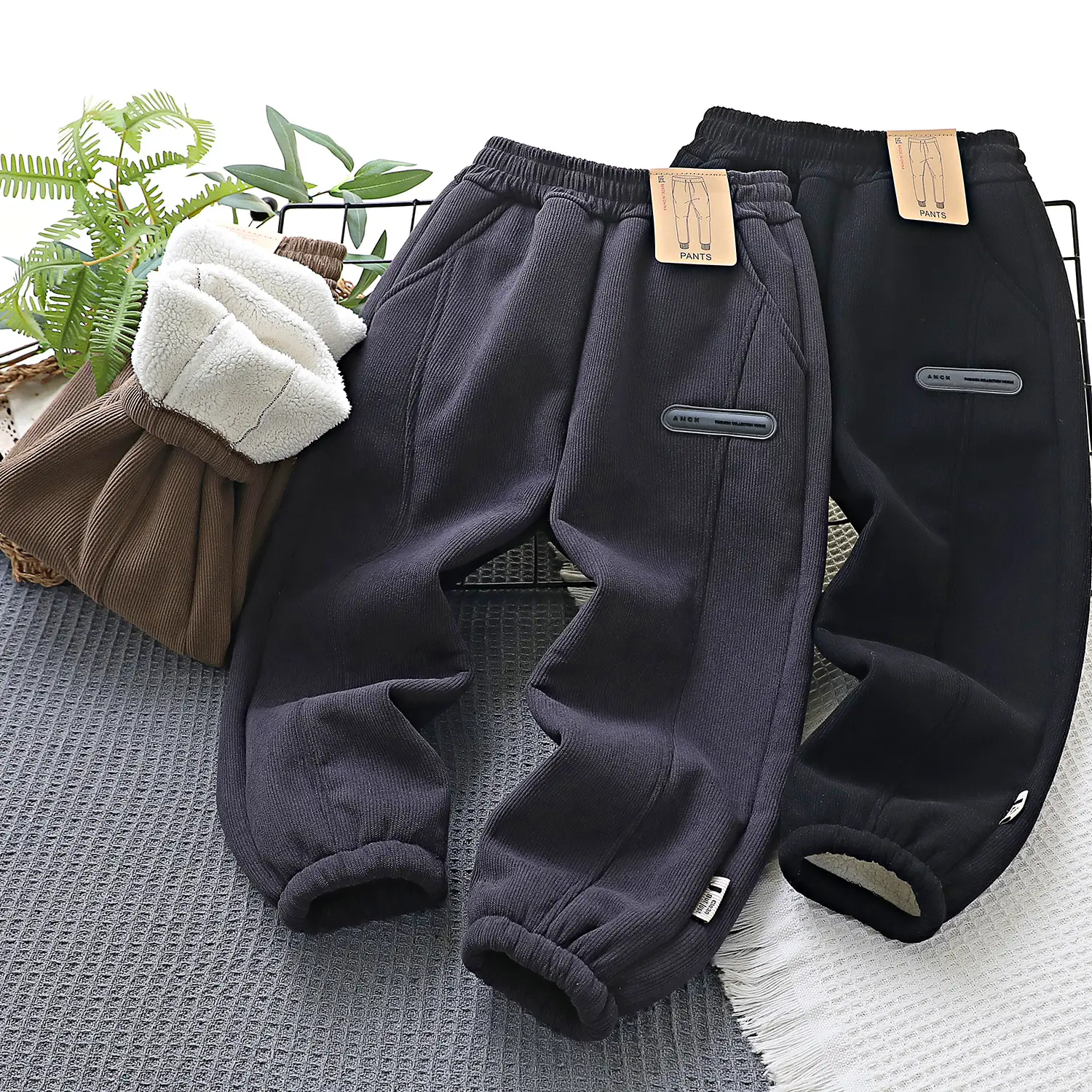 Fleece Lined Brown Cotton Pants for Boys Winter Casual