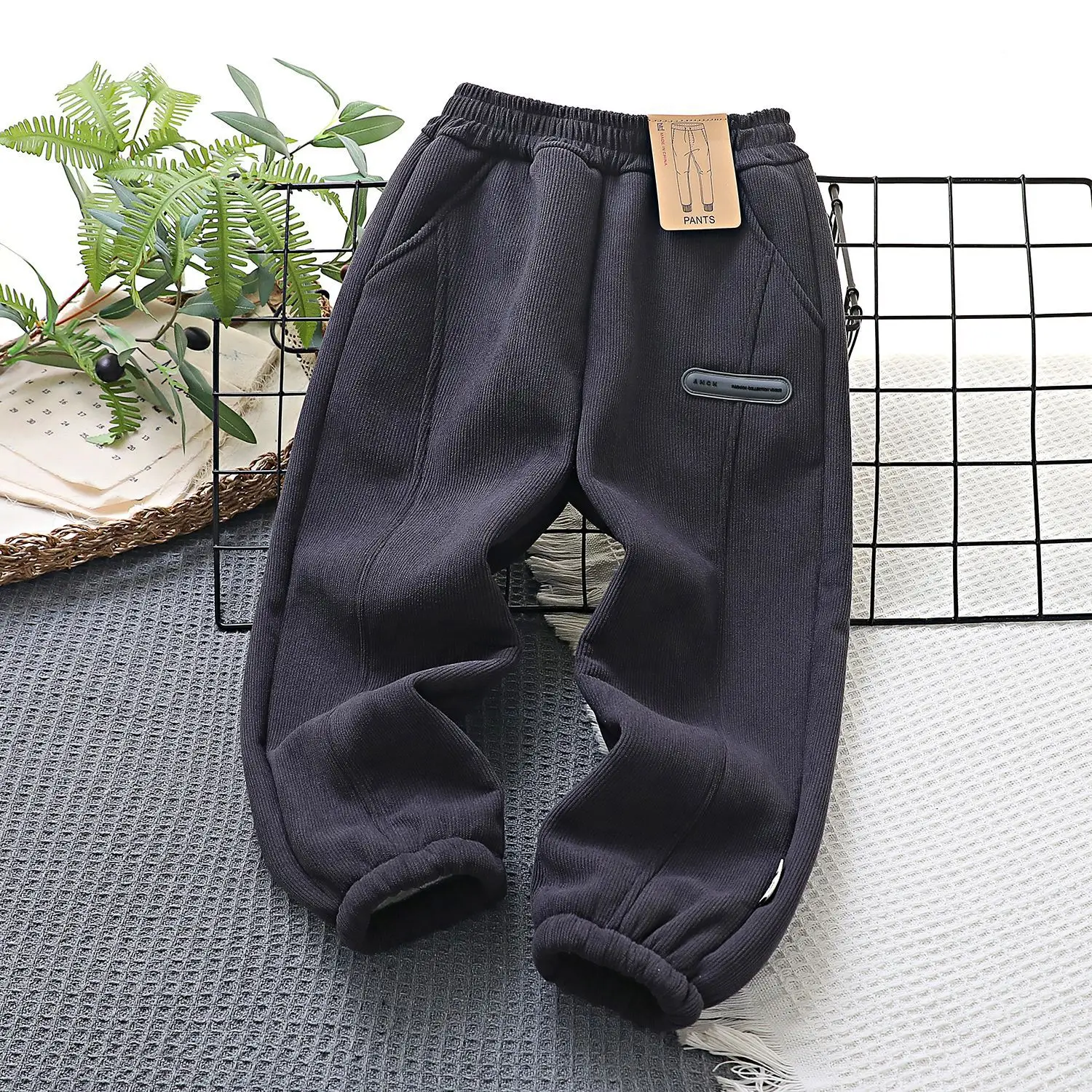 Fleece Lined Brown Cotton Pants for Boys Winter Casual