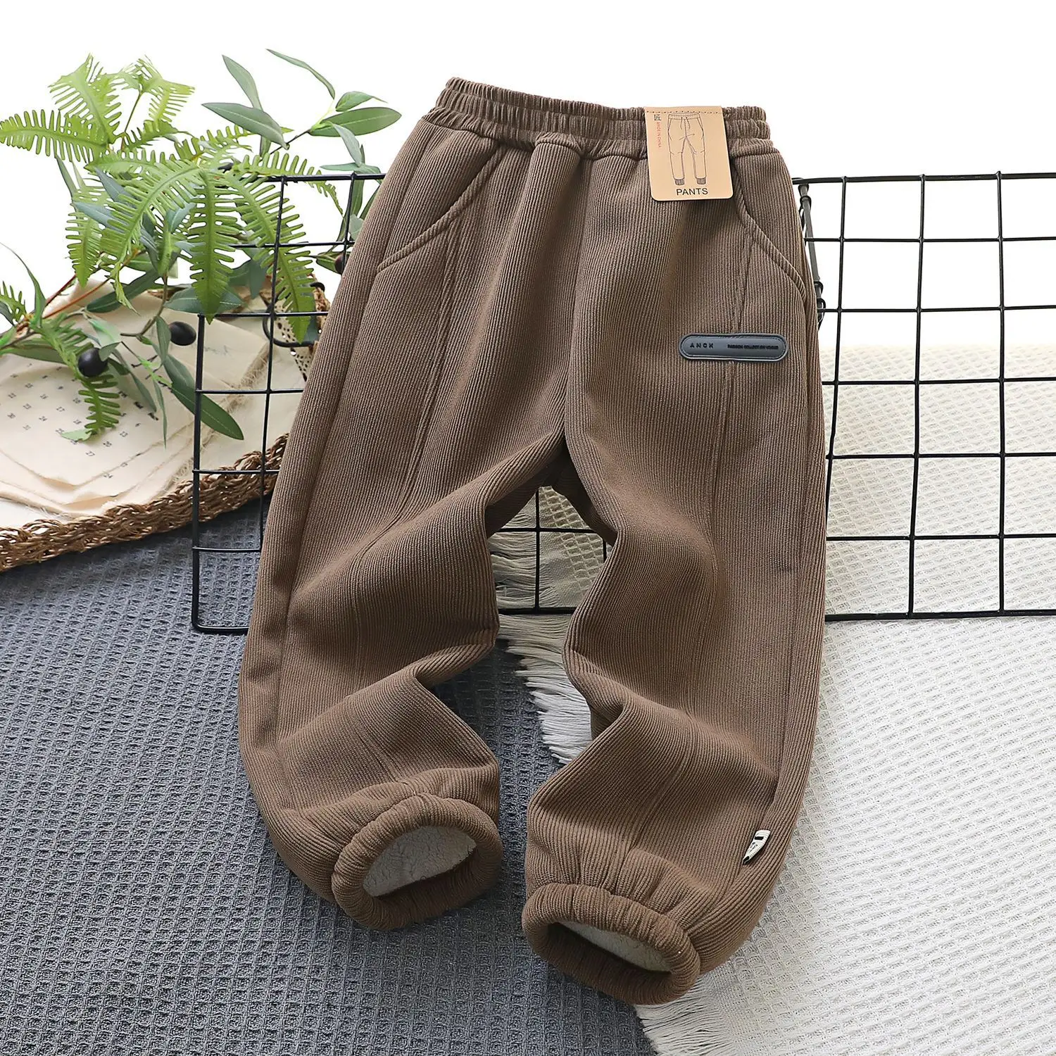 Fleece Lined Brown Cotton Pants for Boys Winter Casual — feature 14