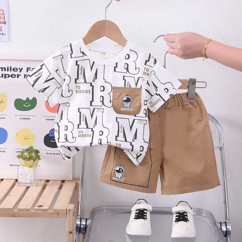 2023 Boys Cotton Short Sleeve Suit Olive Green Shorts - Image 2