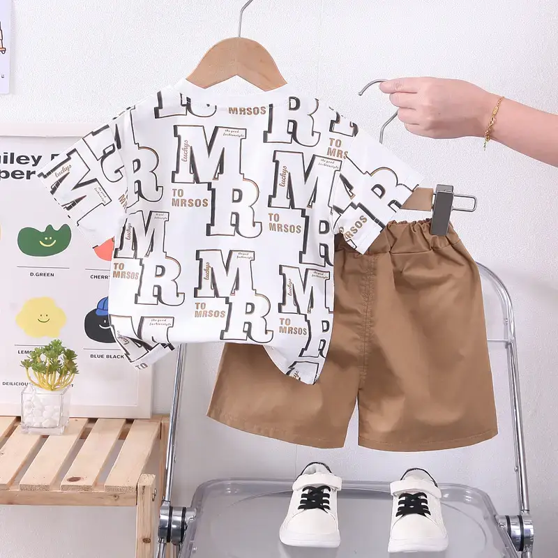 2023 Boys Cotton Short Sleeve Suit Olive Green Shorts - Image 4
