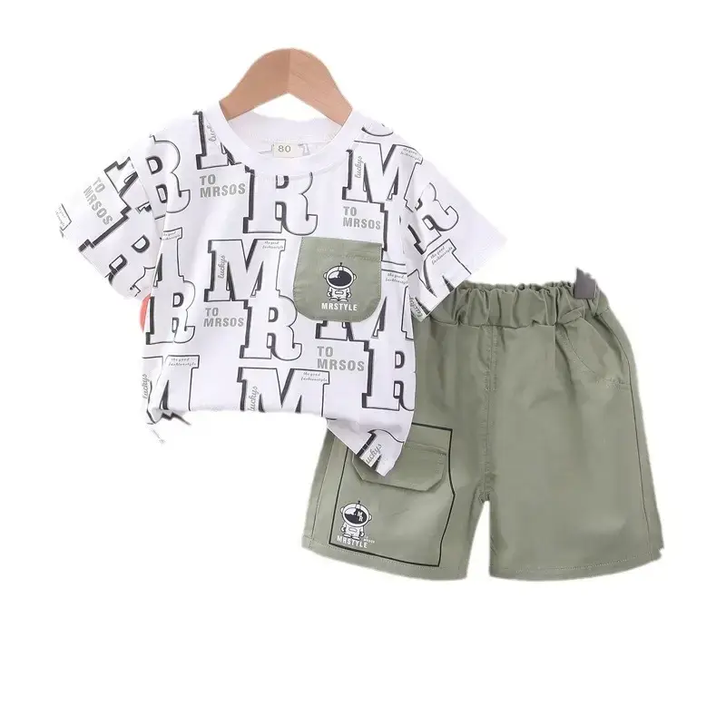 2023 Boys Cotton Short Sleeve Suit Olive Green Shorts - Image 5
