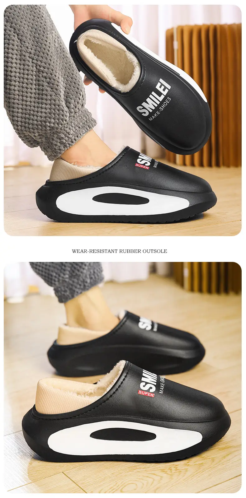 Slippers men's winter parent-child waterproof fleece-lined warm shit feeling bag heel couple's slippers home cotton slippers lazy shoes — feature 11