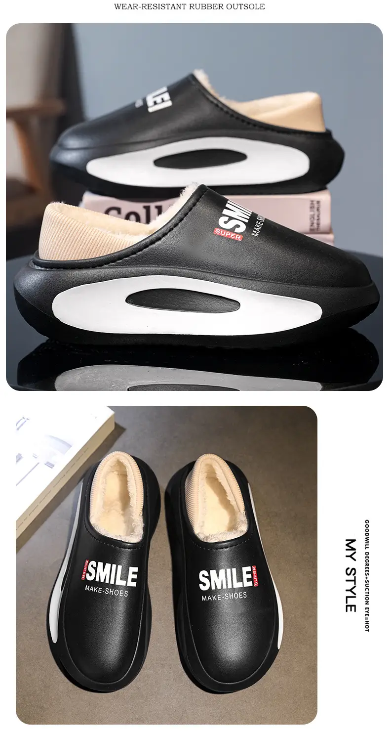 Slippers men's winter parent-child waterproof fleece-lined warm shit feeling bag heel couple's slippers home cotton slippers lazy shoes — feature 12