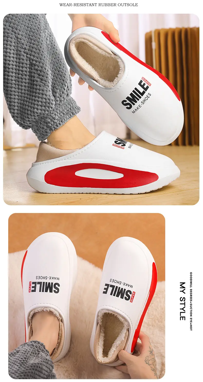 Slippers men's winter parent-child waterproof fleece-lined warm shit feeling bag heel couple's slippers home cotton slippers lazy shoes — feature 14