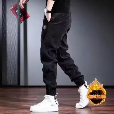 Men Black Fleece Lined Ankle Tied Pants 2023 Winter - Image 6