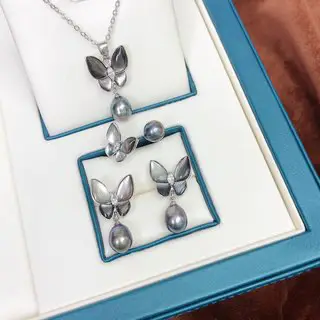 Silver Butterfly Pearl Necklace Set for Women - Image 5
