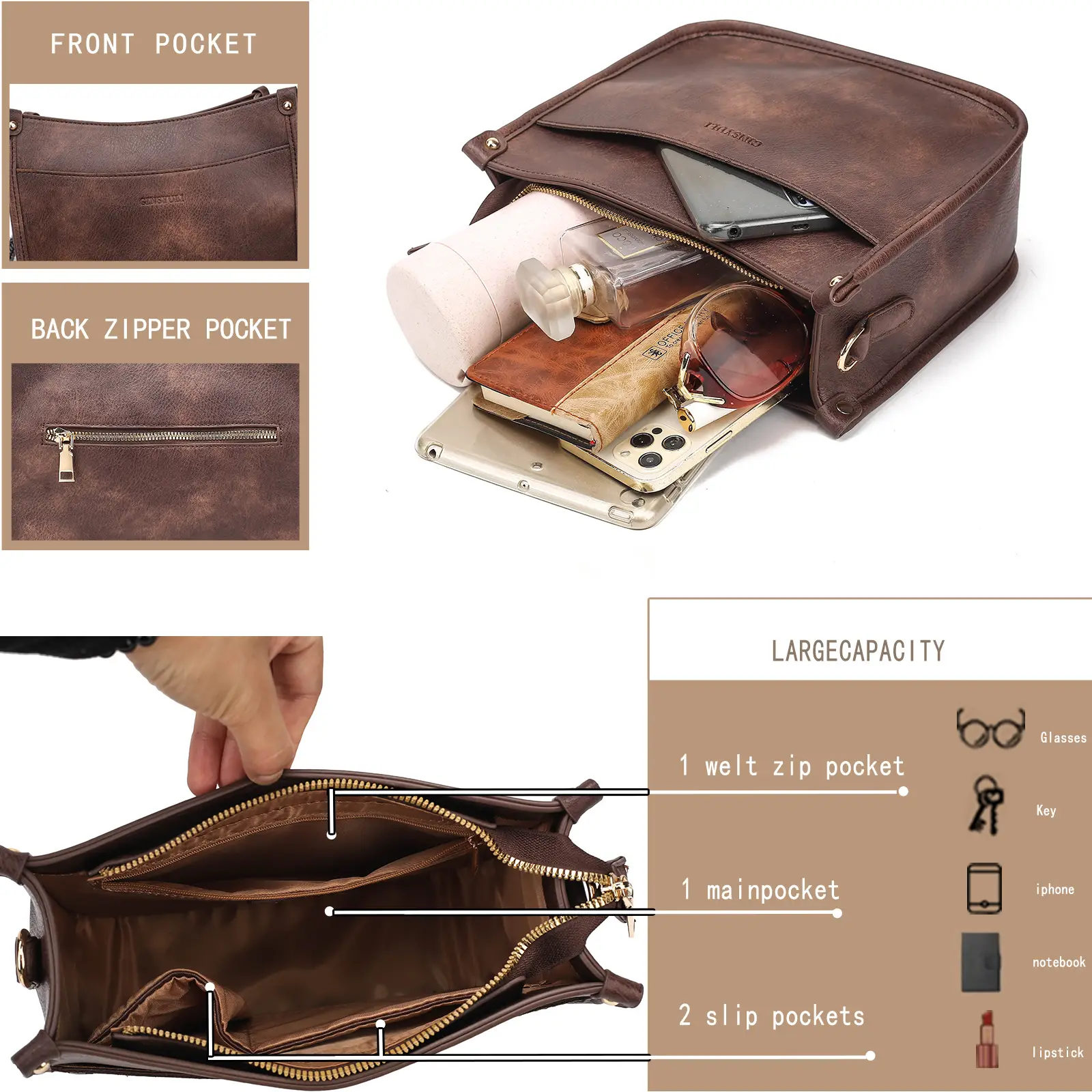 Women's Crossbody Tote Bag White Brown Feather Design — feature 12