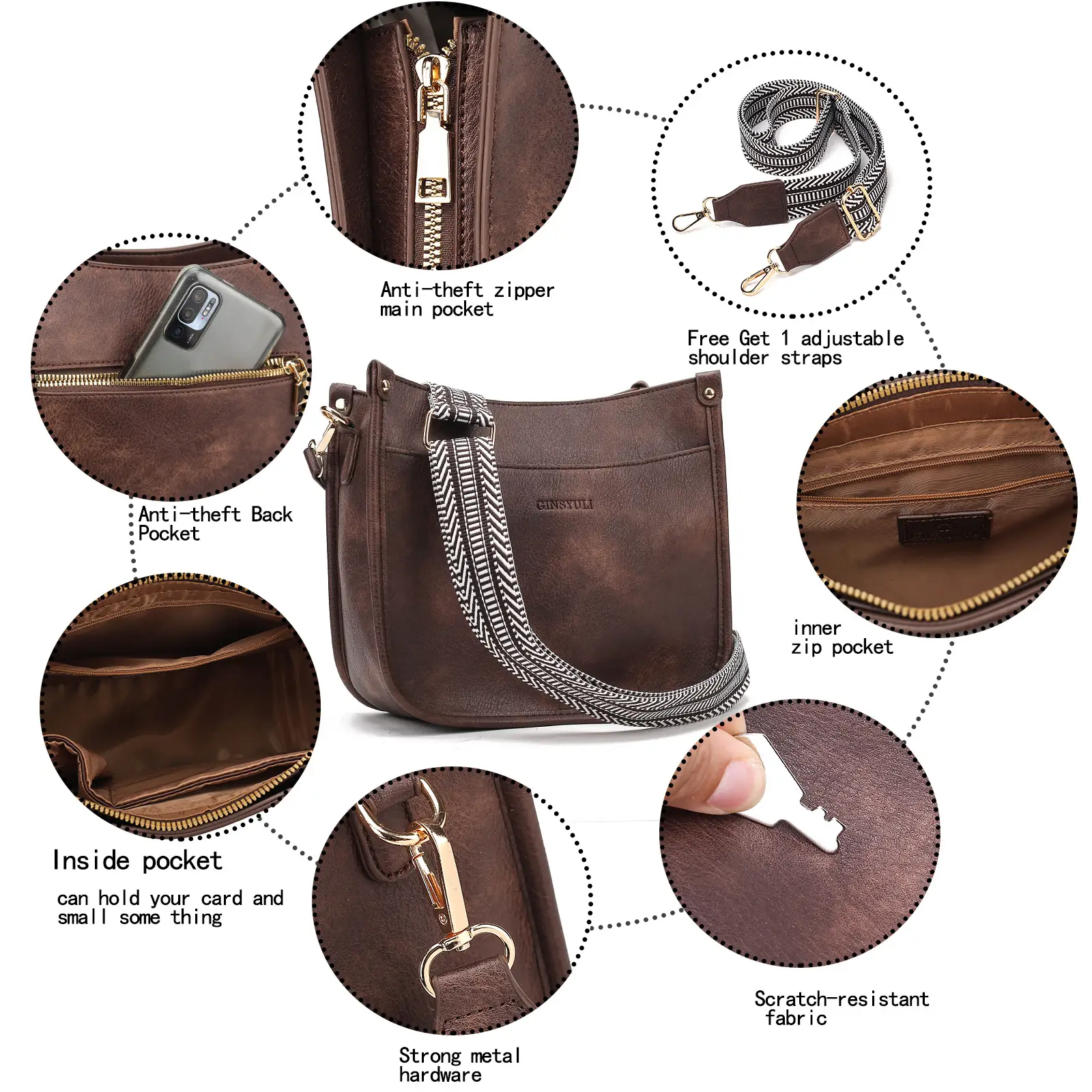Women's Crossbody Tote Bag White Brown Feather Design — feature 14