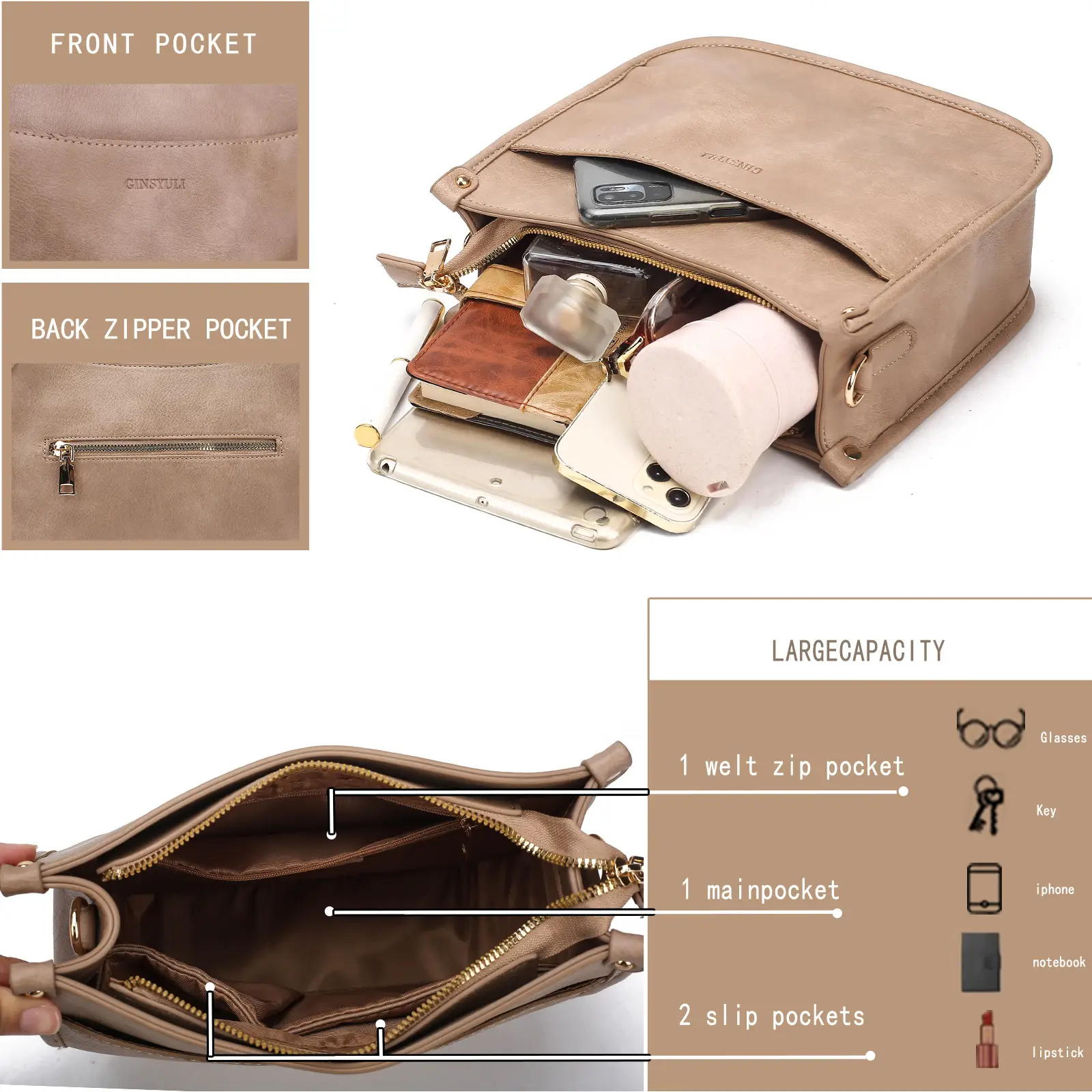 Women's Crossbody Tote Bag White Brown Feather Design — feature 20