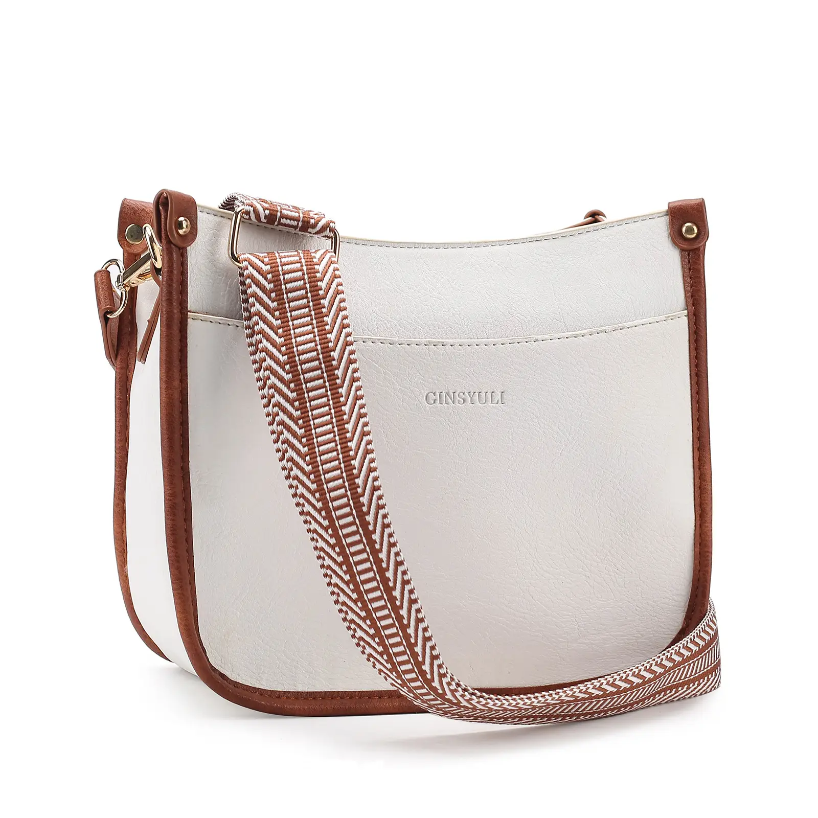 Women's Crossbody Tote Bag White Brown Feather Design — feature 27