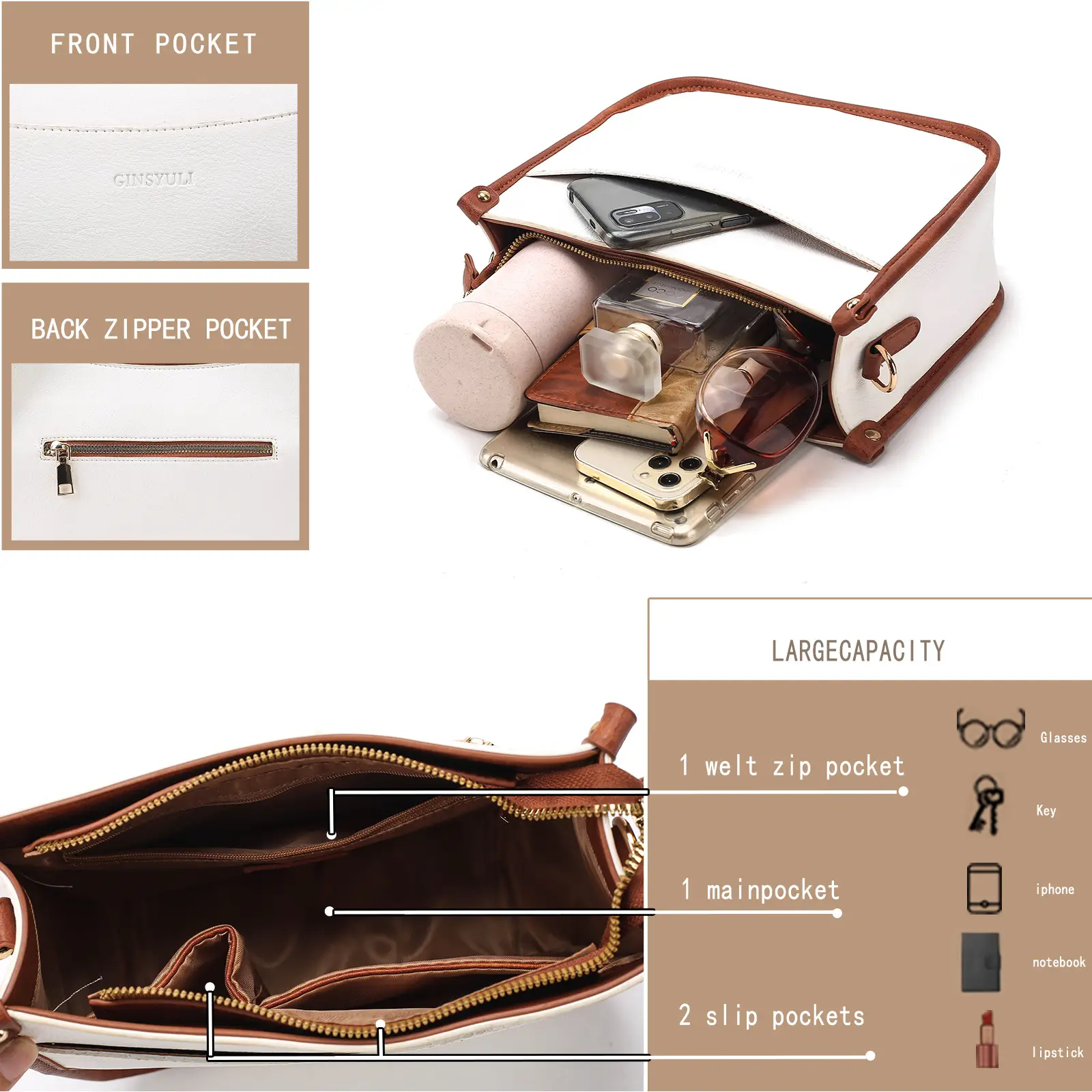 Women's Crossbody Tote Bag White Brown Feather Design — feature 28