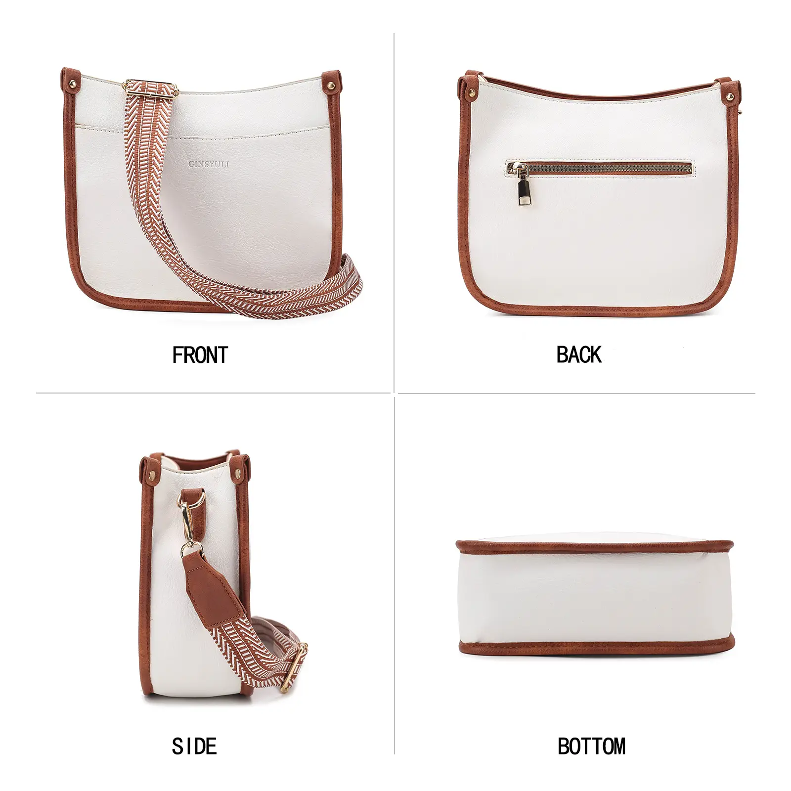 Women's Crossbody Tote Bag White Brown Feather Design — feature 29