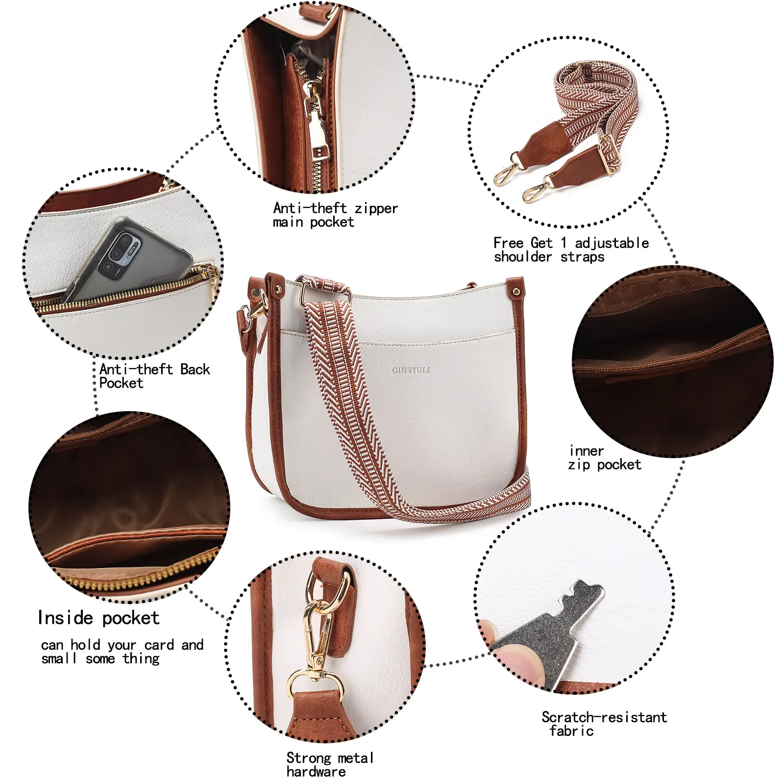 Women's Crossbody Tote Bag White Brown Feather Design — feature 30