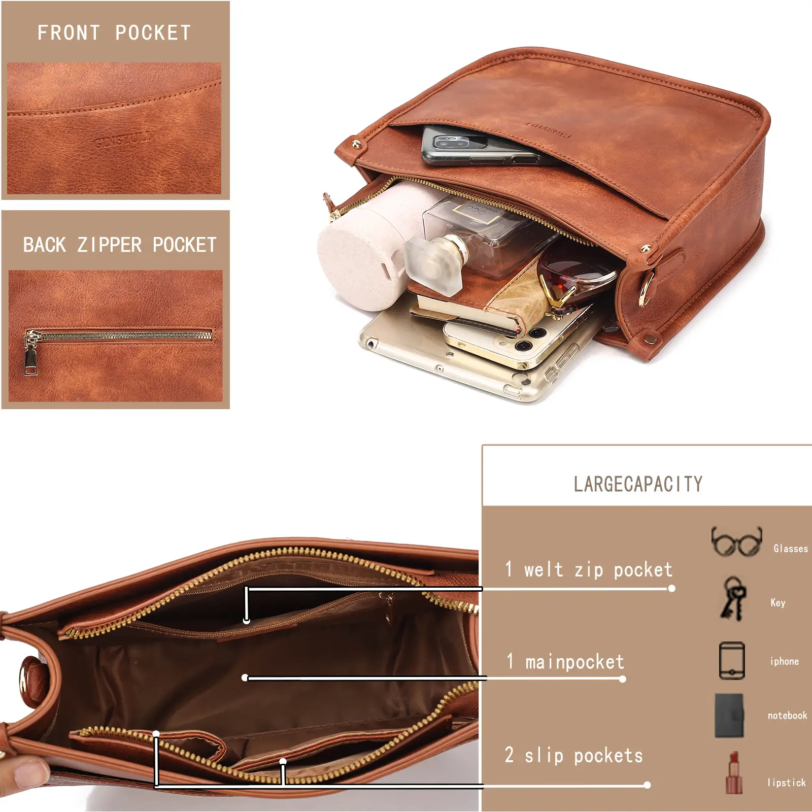 Women's Crossbody Tote Bag White Brown Feather Design — feature 4