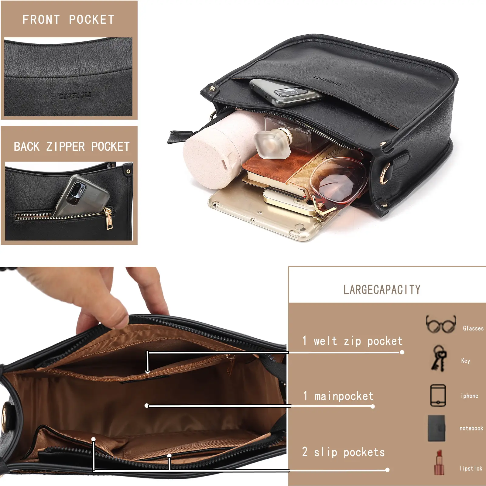 Women's Crossbody Tote Bag White Brown Feather Design — feature 44