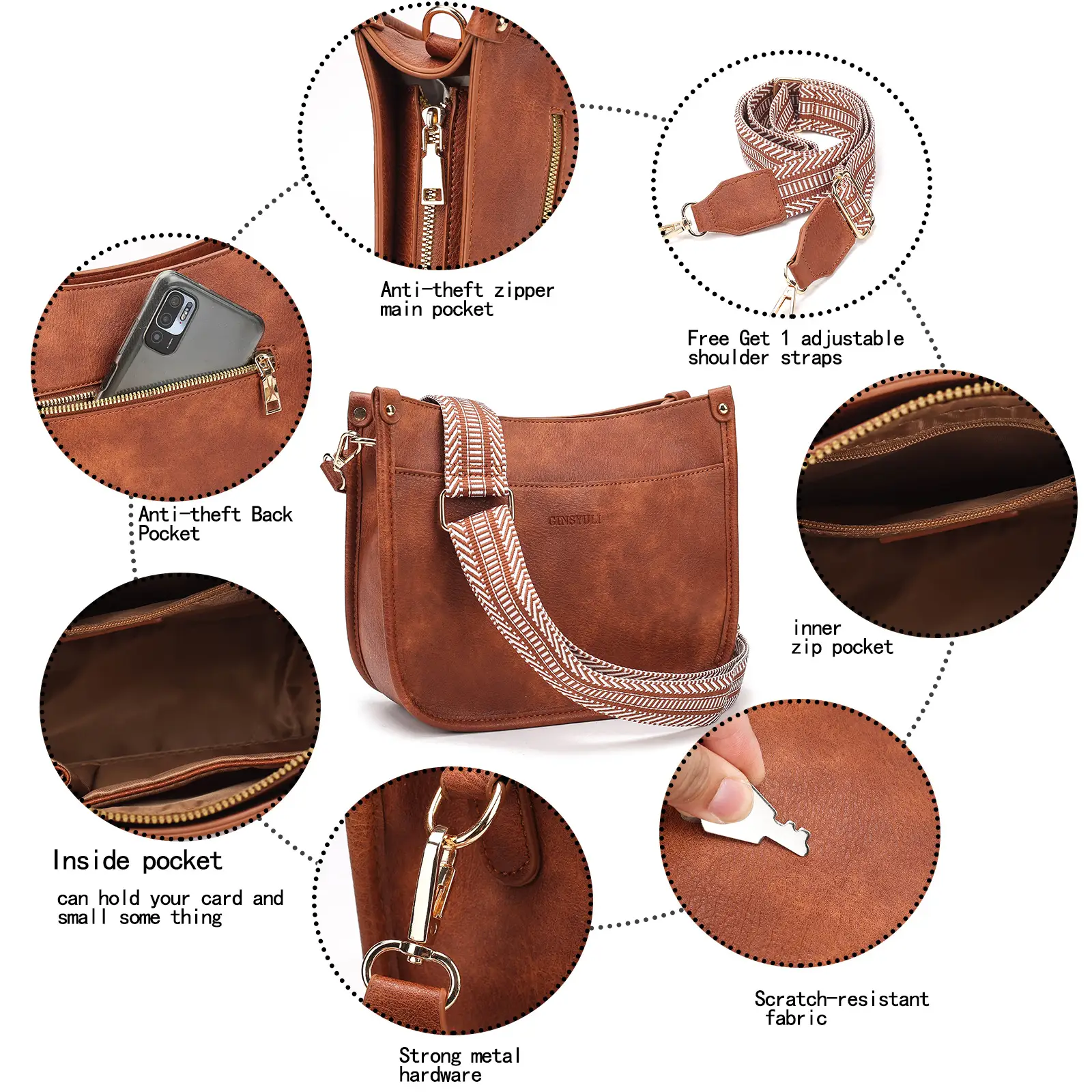 Women's Crossbody Tote Bag White Brown Feather Design — feature 6