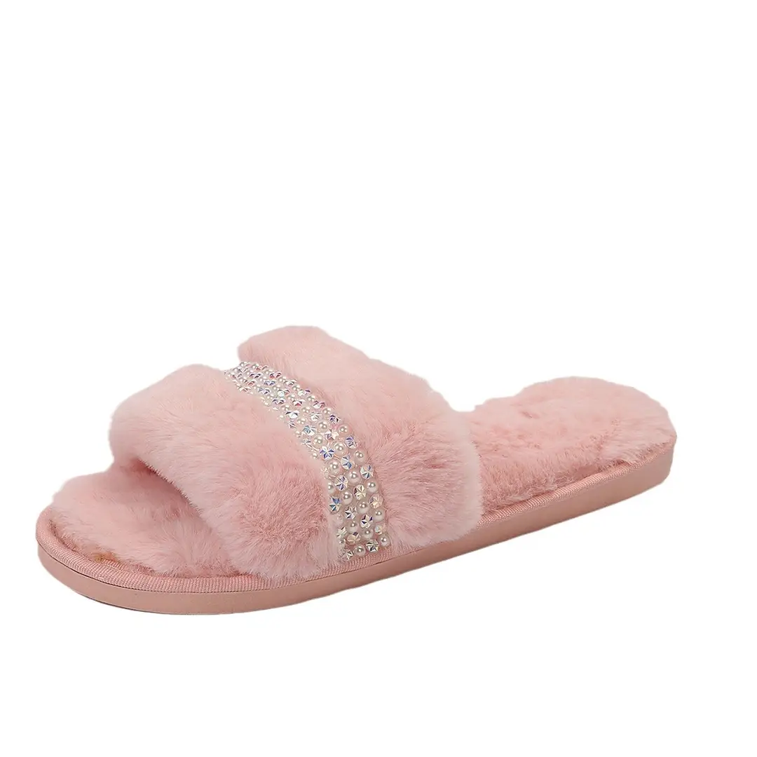 Fashionable Furry Slippers for Women, 2026 Autumn and Winter New Style, Outdoor Wear, Rhinestone Flat Casual Indoor Cotton Slippers