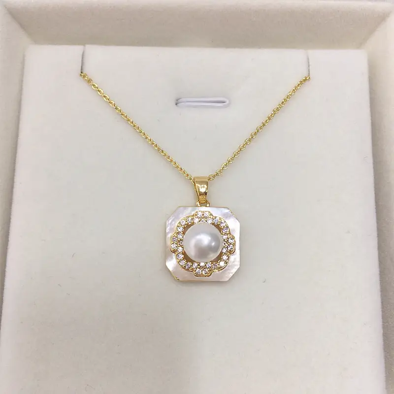 Natural Freshwater Pearl Pendant Earrings Set with Square Shells - Image 3