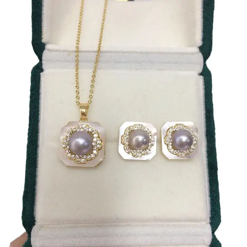 Natural Freshwater Pearl Pendant Earrings Set with Square Shells - Image 6
