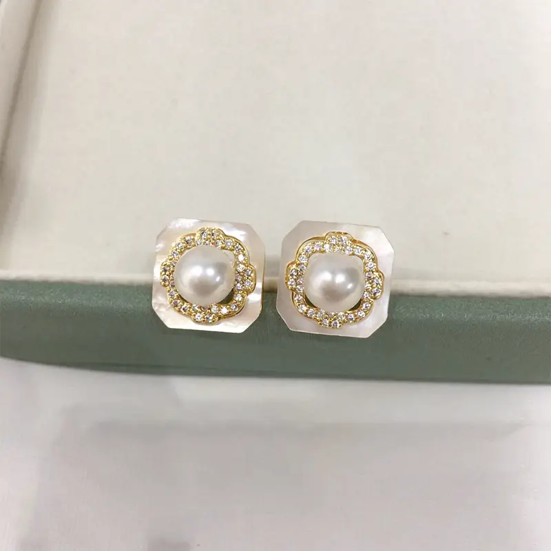 Natural Freshwater Pearl Pendant Earrings Set with Square Shells — feature 13