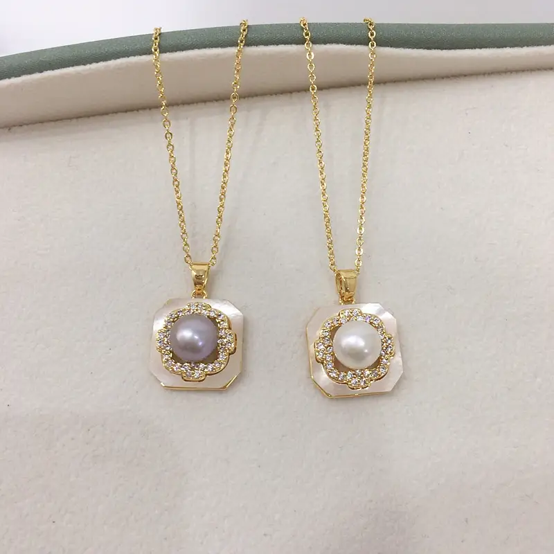 Natural Freshwater Pearl Pendant Earrings Set with Square Shells — feature 6