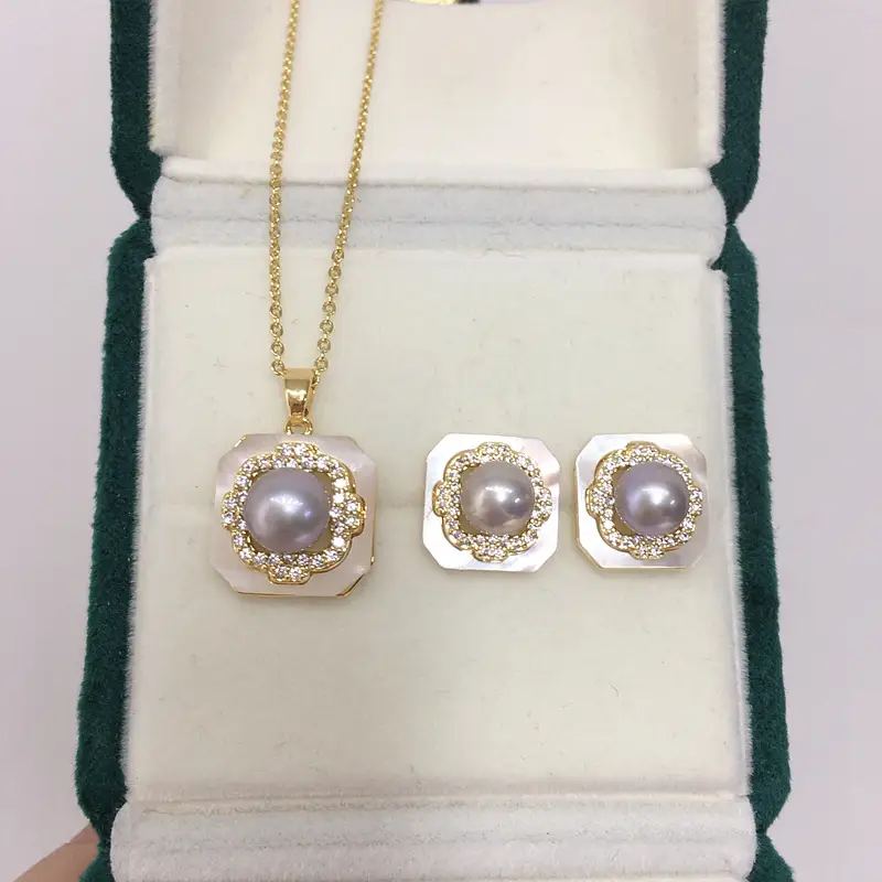 Natural Freshwater Pearl Pendant Earrings Set with Square Shells - Image 2
