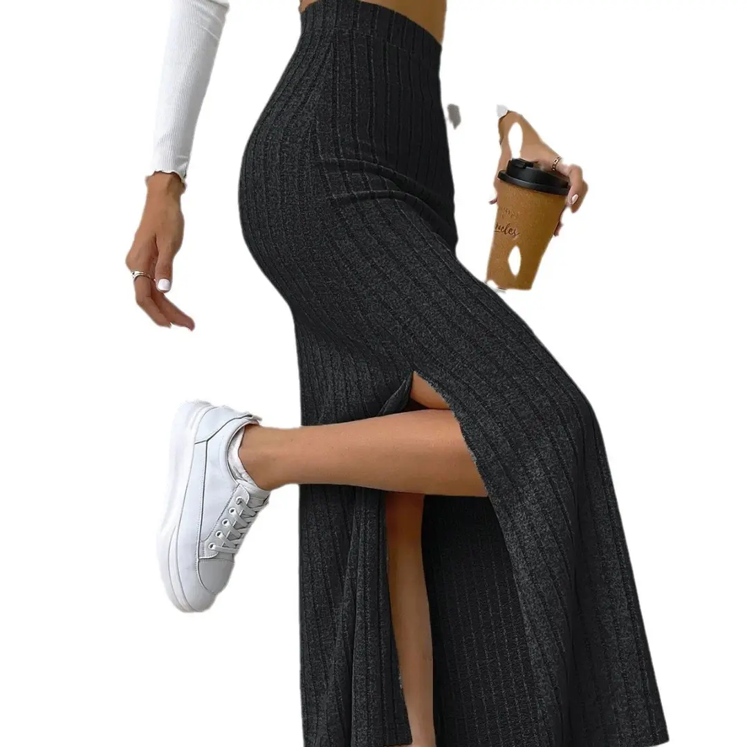 2024 Fashion European and American Cross-Border Amazon Spring and Summer New High-Waisted Side Slit Slim Knitted Skirt for Women