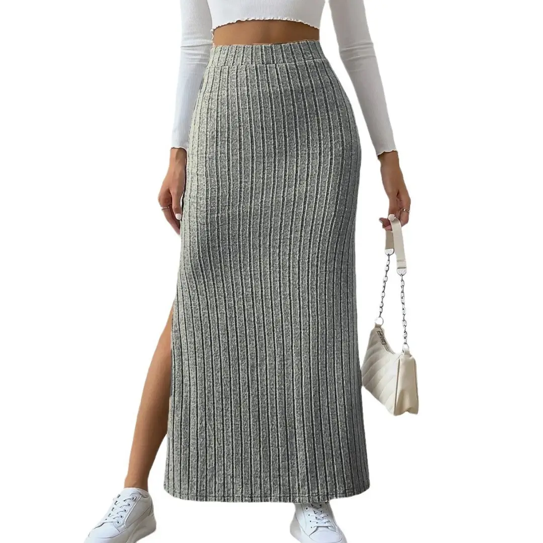 2024 Fashion European and American Cross-Border Amazon Spring and Summer New High-Waisted Side Slit Slim Knitted Skirt for Women