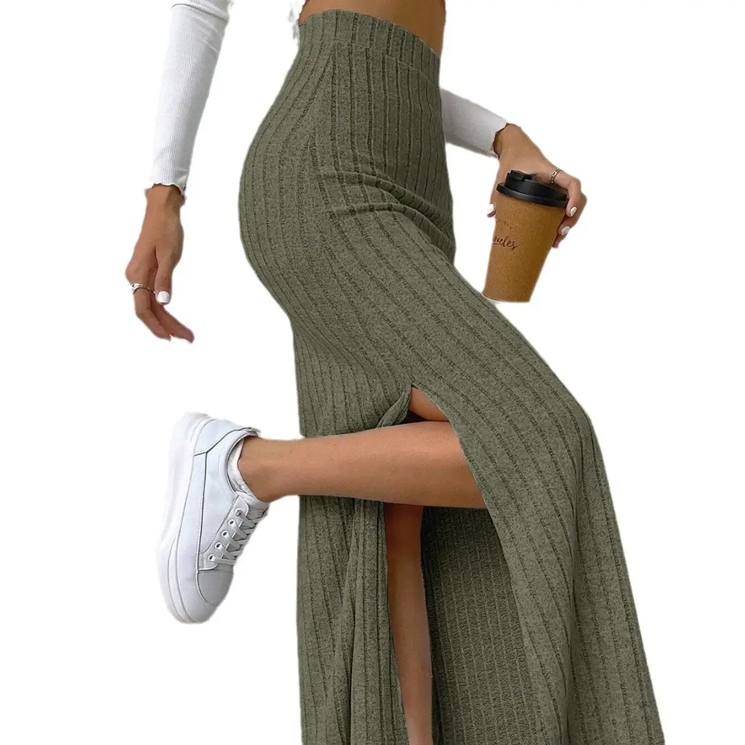 2024 Fashion European and American Cross-Border Amazon Spring and Summer New High-Waisted Side Slit Slim Knitted Skirt for Women