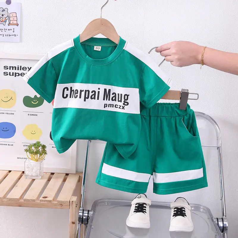 Children's Summer Sports T-Shirt Shorts Set Charpai Maug Green Brown - Image 2