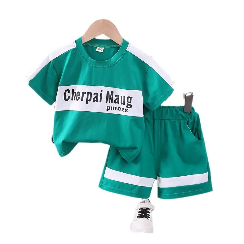 Children's Summer Sports T-Shirt Shorts Set Charpai Maug Green Brown - Image 5