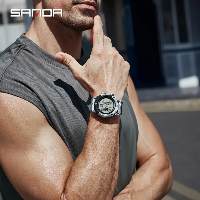 Sanda Camouflage Digital Chronograph Watch Green Military Style