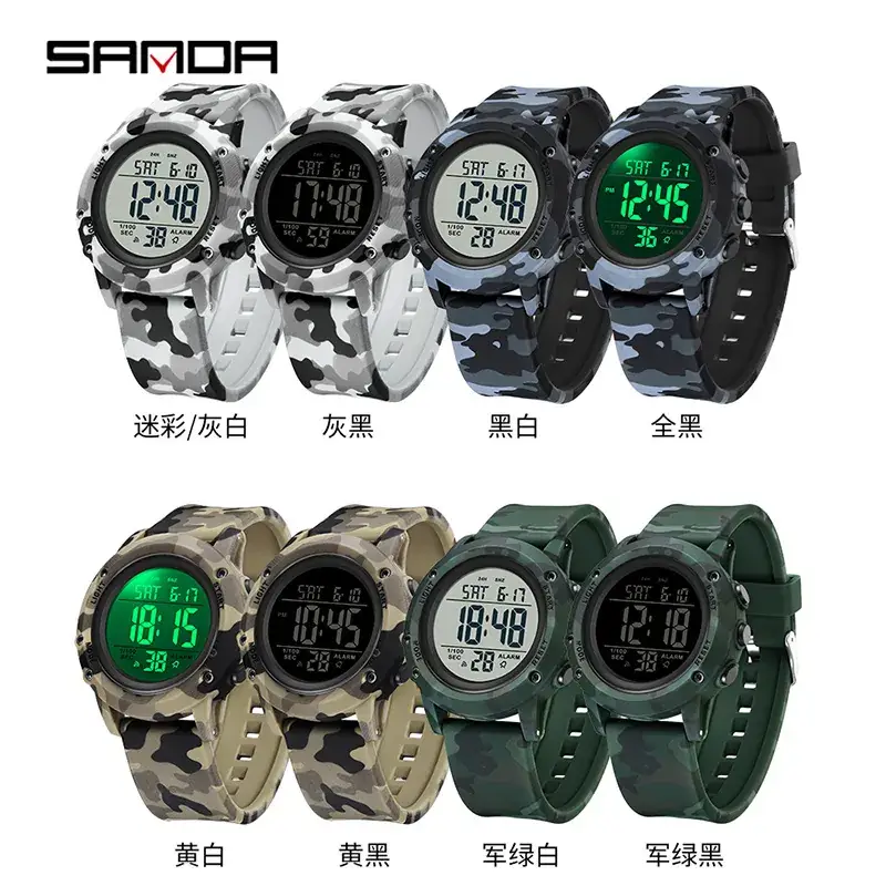 Sanda Camouflage Digital Chronograph Watch Green Military Style