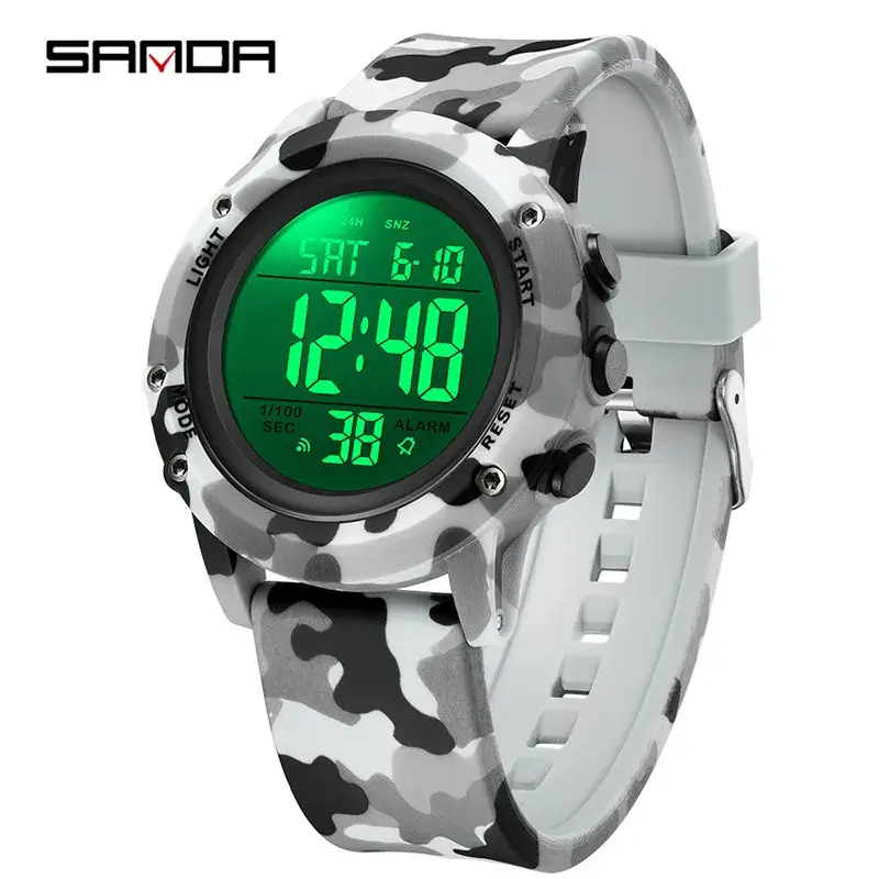 Sanda Camouflage Digital Chronograph Watch Green Military Style